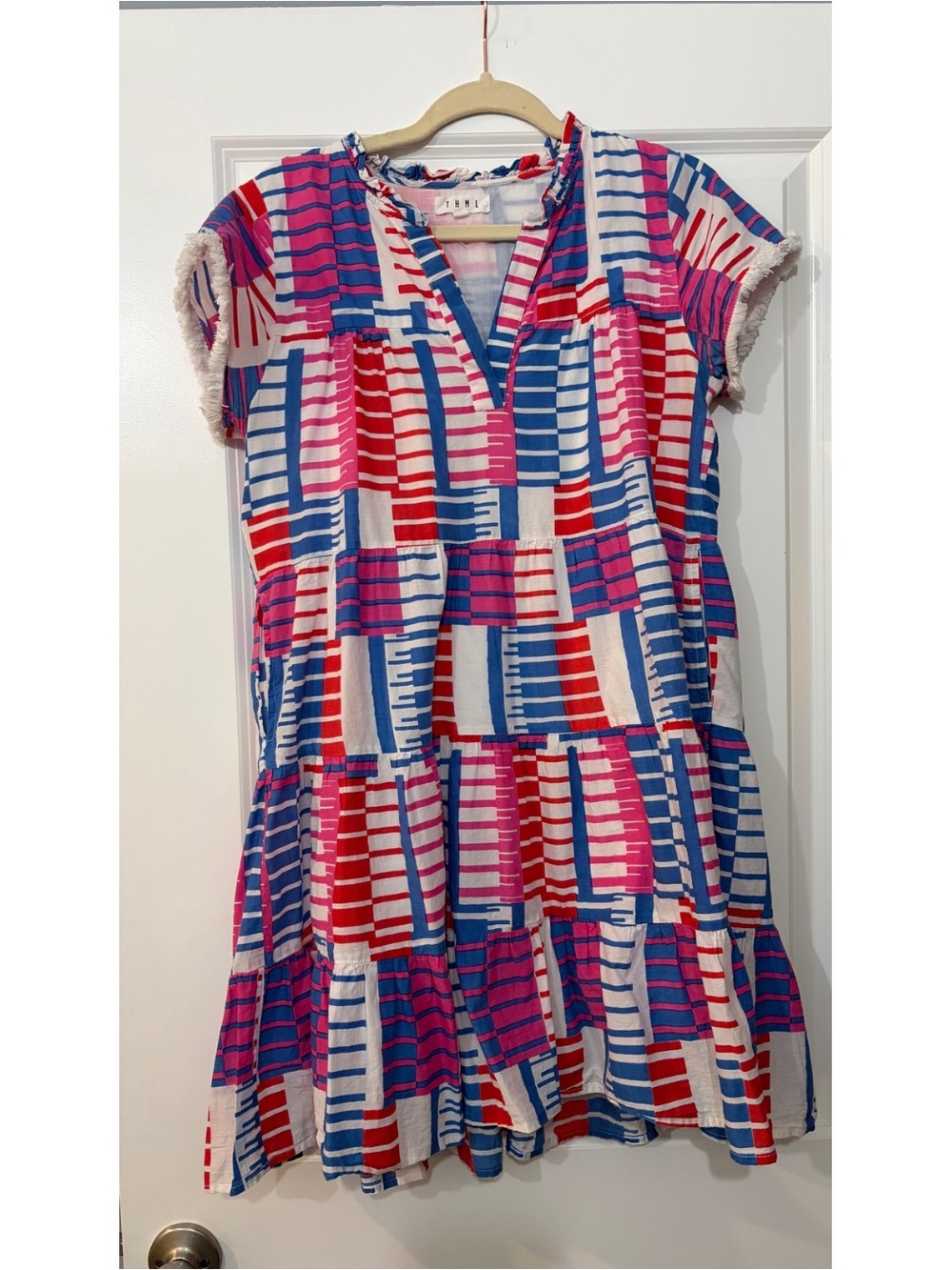 Pink, Blue & Red Patterned Tiered Dress